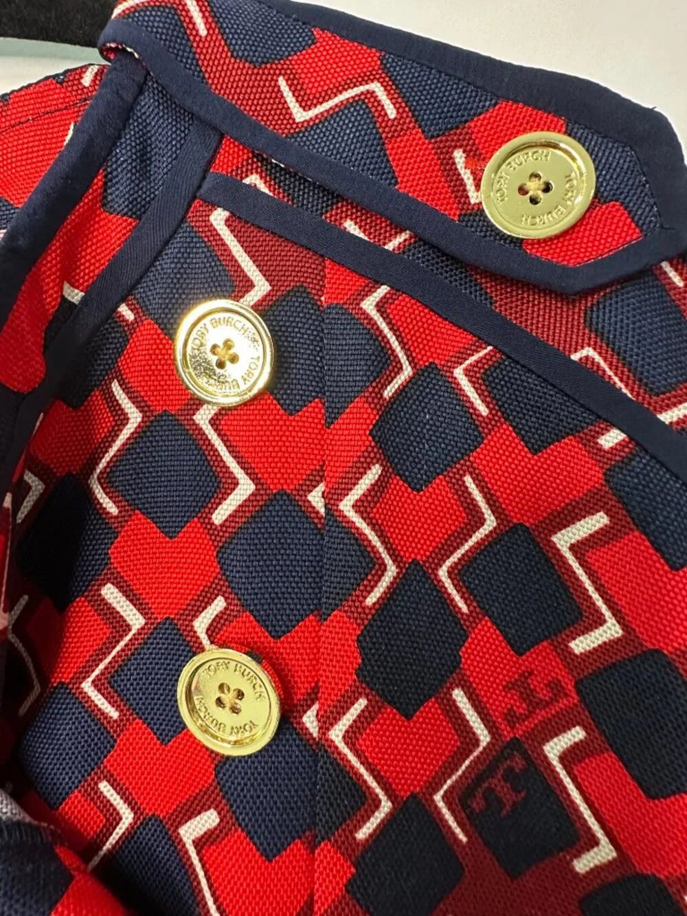 Tory Burch Truman Silk Pleated Geometric Tile Dress Red Navy Size 12